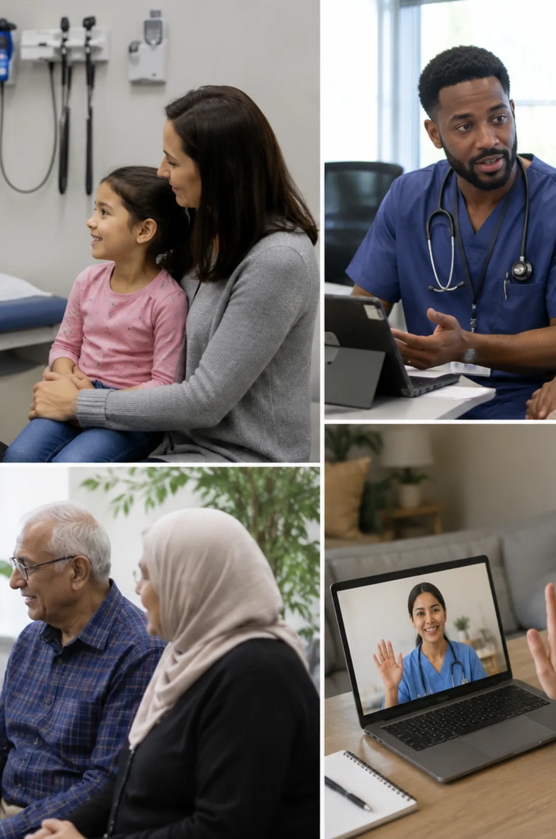 Collage of multicultural doctors providing compassionate in-person and virtual care to children, adults, and older patients in modern healthcare settings.