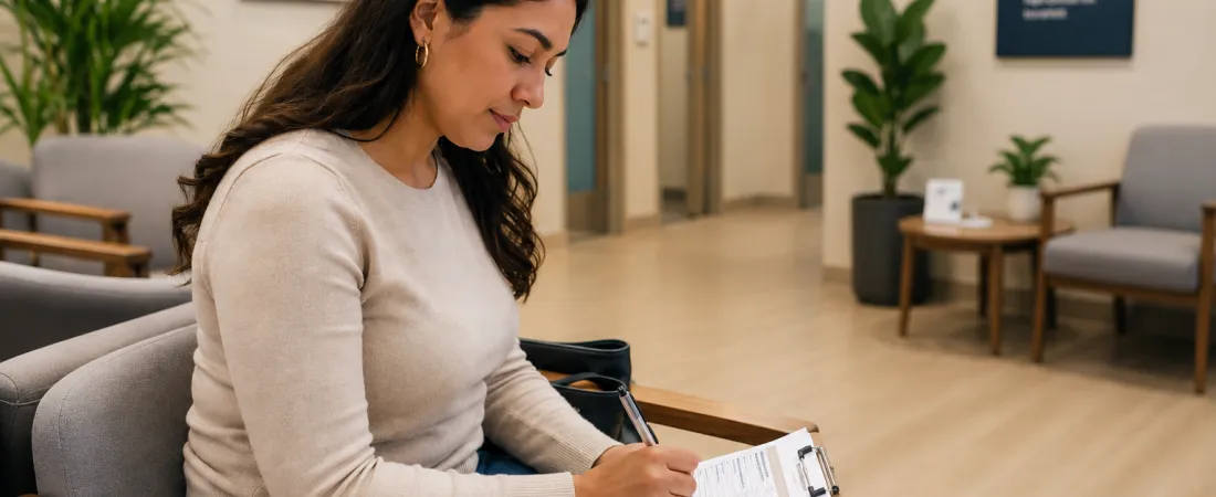 individual woman filling out form in a clinic lobby